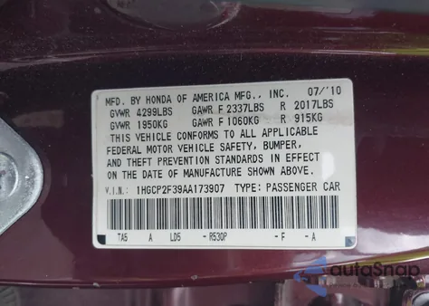 2010 Honda Accord 2.4 Lx из США, поврежденный, VIN 1HGCP2F39AA173907